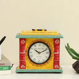 vedas Yellow & Red Printed Square Shaped Contemporary Analogue Table Clock-33