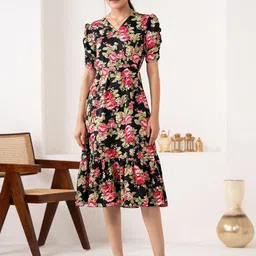 DressBerry Women Floral Print Puff Sleeve Fit & Flare Dress-image-105