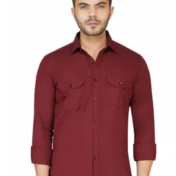 DESIGN UP Men Classic Spread Collar Solid Cotton Slim Fit Casual Shirt-image-66
