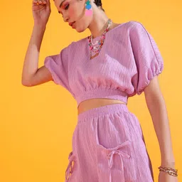 PRETTY LOVING THING Self Design Round Neck Short Sleeves Top With Shorts-image-80