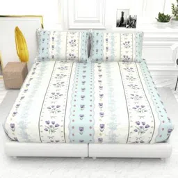 THE WHITE MOSS White & Purple Floral 130 TC King Bedsheet with 2 Pillow Covers-image-97