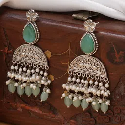 JEWILLEY Parnika Silver-Plated Artificial Stones Studded & Beaded Oxidised Chandbalis-30