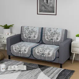 Aura Blue & Cream-Coloured Printed Cotton 4 Piece Sofa Cover-8