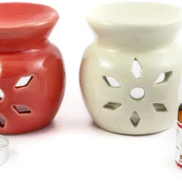 Ceramic Aroma Tealight Diffuser Oil Burner Multicolour Combo Pack Of 2 With Sandal And Strawberry Fragrance Oil And T Light Candle Diffuser Set-image-47