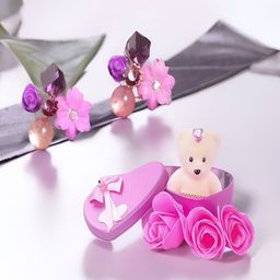 UNIVERSITY TRENDZ Pink & Purple Stud Earring With Pink Teddy Bear Accessory Gift Set-55