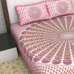 Aura White & Pink Ethnic Motifs Printed 144 TC Cotton Queen Bedsheet Set 2.10 m x 2.30 m-image-96