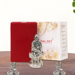 INTERNATIONAL GIFT Silver-Toned Sai Baba With 2 Diyas Religious Idol Showpiece-image-94