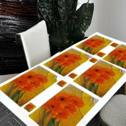 REVEXO 12Pc Yellow & Orange Colored Printed Non Slip Table Placemats With Coasters-46