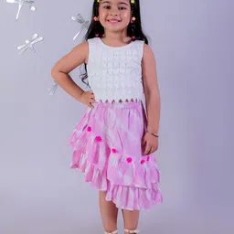 LIL DRAMA Girls Self Design Round Neck Pure Cotton Top With Skirt-image-88