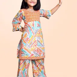 satyamfab Girls Abstract Printed Mirror Work Georgette Straight Kurta With Trousers-picture-30
