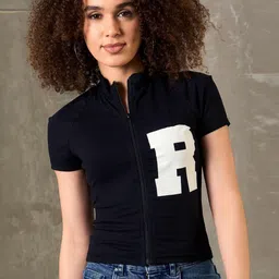 SASSAFRAS Women Typography Printed High Neck Pockets Slim Fit T-shirt-image-20