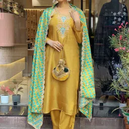 KALINI Embroidered Thread Work With Kurta Trousers & Dupatta-image-21