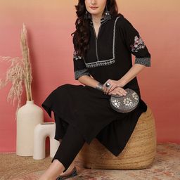 Sangria Black Floral Embroidered Mandarin Collar Pure Cotton Straight Kurta With Trousers-image-85