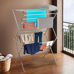 Kuber Industries 2 Layer Steel Foldable Cloth Stand For Drying Cloth With 13 Hanger Rods-54