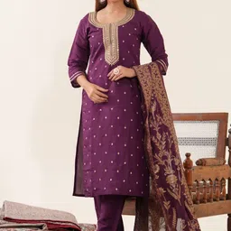 House of Pataudi Ethnic Motifs Embroidered Straight Kurta With Trousers & Dupatta-41