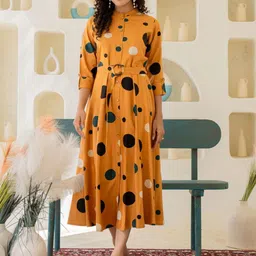 Kaftanize Mustard Yellow Base White & Dark Green Big Polka Dot Print Midi Dress-image-61