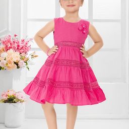 SNAZZYGIRL Pink Soft Cotton Lace Work Knee Length Fit & Flare Dress-image-9