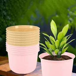 Kuber Industries 12Pcs Pink & Beige Textured Planters With Plate-image-56