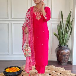 KALINI Ethnic Motifs Embroidered V-Neck Zari Chanderi Silk Kurta With Trousers And Dupatta-image-23
