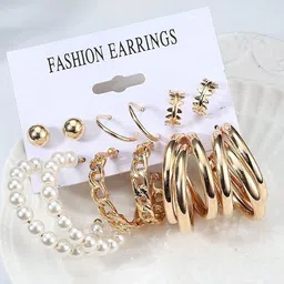 PolluxCraft Set Of 6 Korean Gold-Plated Pearls Beaded Contemporary Hoop Earrings-image-24