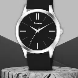 SPENCHER Men Round Dial Analogue Watch Sikka Fll Black Silver Case PVC Strap-52
