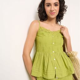AKKRITI BY PANTALOONS Women Shoulder Strap Schiffli Pure Cotton Peplum Top-image-82