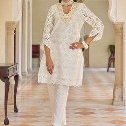 AUTUMN LANE Women White Anumeha Pearl Cotton Schiffli Co-Ord Set-image-65