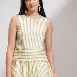 Tokyo Talkies Yellow Striped Round Neck Sleeveless Pure Cotton Top With Shorts-image-3