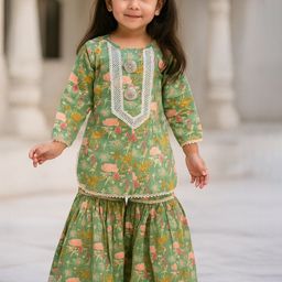 Mamma's Bear Girls Floral Printed Pure Cotton Kurti with Sharara-picture-15