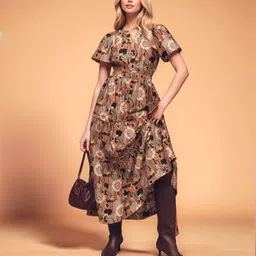 DressBerry Women Orange Floral Print Poly Rayon Ankle Length Dress-image-45