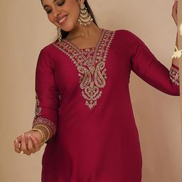 Indo Era Women Ethnic Motifs Embroidered Regular Liva Straight Kurta with Trousers-picture-36