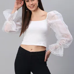 MINOS Women Square Neck Bishop Sleeves Cotton Crop Top-image-6