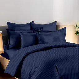 Wee Hours Navy Blue Striped 350 TC Queen Bedsheet with 2 Pillow Covers-image-85