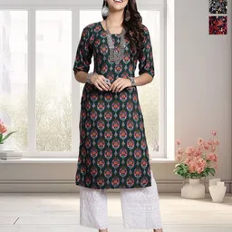 HERE&NOW Selection Of 3 Floral Printed Round Neck Straight Kurtas-image-97