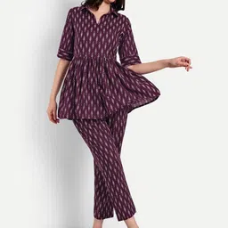 NUNCHII Printed Pure Cotton Wine Peplum Co-Ord Sets-picture-21