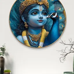SAF Blue & Gold-Toned Krishna With Peacock Divine Religious Printed Wooden Wall Art-image-47