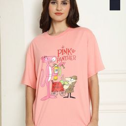 Metronaut Women Pack of 2 Pink Panther Typography Printed Cotton Oversized T-shirts-image-83