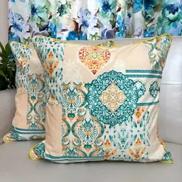 TARA- Sparkling Homes Yellow & Blue Set of 2 Ethnic Motifs Velvet Square Cushion Covers-28