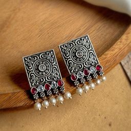NAMAN ARTS Silver-Plated Stones Studded & Beaded Square Shaped Oxidised Drop Earrings-75