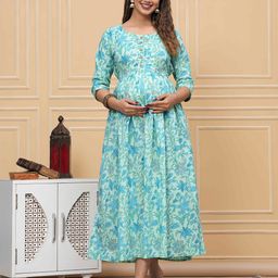 mad fury Women Floral Printed Cotton Maternity Fit and Flare Midi Dress-image-33