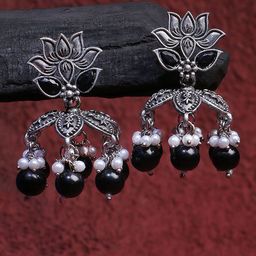 Sangria Silver-Plated Stones Studded & Pearls Beaded Floral Oxidised Jhumkas-7