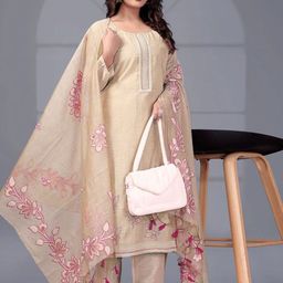 GRIOPY Floral Printed Linen Straight Kurta With Trousers & Dupatta-picture-20
