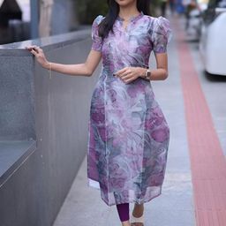 Sun Fashion And Lifestyle Floral Printed Mandarin Collar Puff Sleeves Chanderi Silk Kurta-14