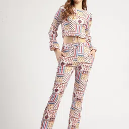 T TRYON ULTIMATE Floral Printed Round Neck Crop Top With Trousers Co-Ords-65