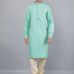 Manish Creations Geometric Woven Design Band Collar Jacquard Kurta with Churidar-image-88