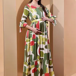 Moms Maternity Abstract Printed Tie-Up Detail Bell Sleeve Cotton Maternity Maxi Dress-picture-2