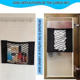 flostrain Elastic Mesh Net Pocket with Sticker/ Adhesive Storage Pocket for Wall Trunk Organizer image 4