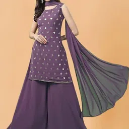 PARROT CREATION Geometric Embroidered Sequinned Georgette Kurti with Sharara And Dupatta-7