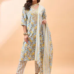 Winza Designer Women Floral Printed Regular Pure Cotton Kurta with Trousers & With Dupatta-picture-14