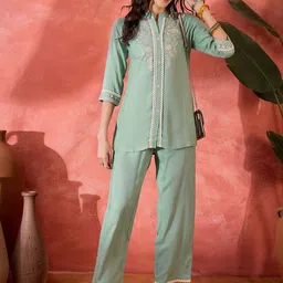 Sangria Floral Embroidered Short Top & Trousers Co-Ord Set-image-76